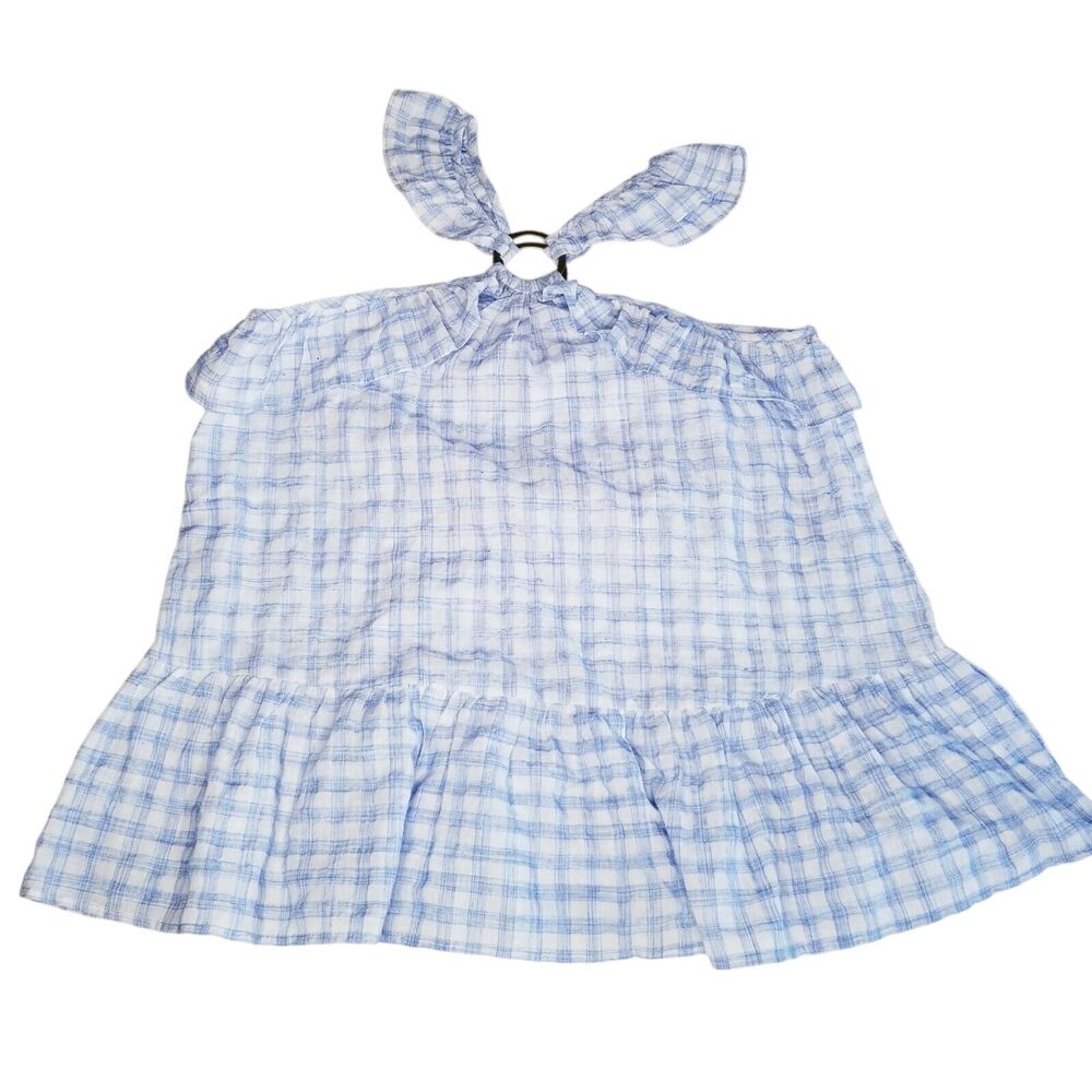 Entro Blue Gingham Plaid Sleeveless Ruffle Peplum Tank Top Medium Cottagecore